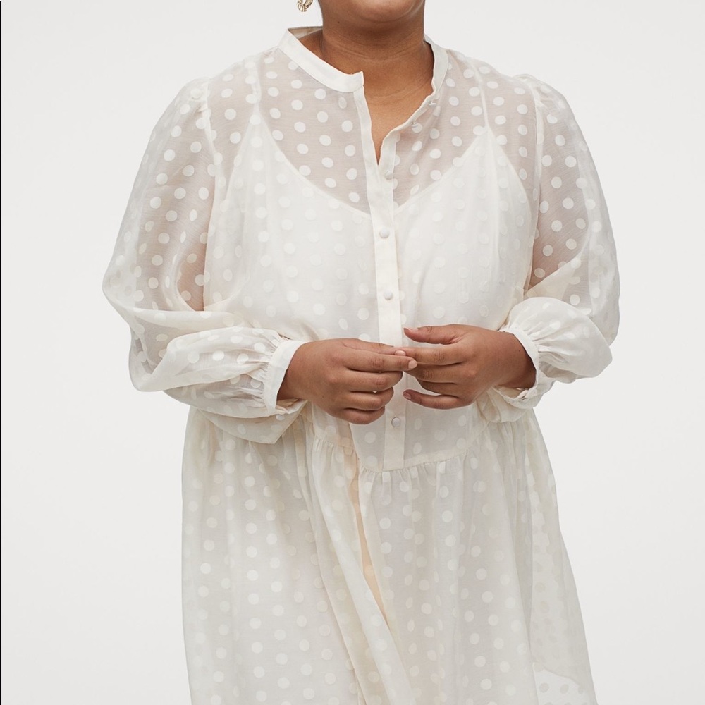 h&m puff sleeved dress cream swiss dot large NWOT